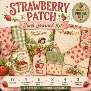 Strawberry Patch Junk Journal Kit, Printable Cottagecore Papers, Ephemera, Fussy Cuts, Tags, Pockets & Envelopes