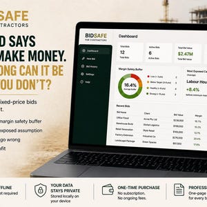 May include: A laptop displaying the BidSafe for Contractors dashboard, featuring a margin safety buffer chart, bid lists, and financial metrics. The screen shows text: Your bid says you'll make money. How wrong can it be before you don't?