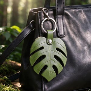 May include: A green monstera leaf-shaped keychain made of smooth material with cut-out details, attached to a silver-toned metal ring and clasp. The keychain is hanging from the handle of a black leather handbag with visible stitching.