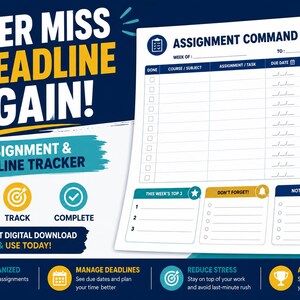 May include: A white assignment and deadline tracker sheet with blue and yellow accents. The document features a main table for tasks, due dates, and notes, plus sections for top priorities, reminders, and notes. Text includes NEVER MISS A DEADLINE AGAIN!