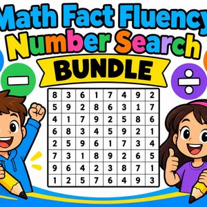 May include: A Math Fact Fluency Number Search BUNDLE educational worksheet featuring a grid of numbers, surrounded by colorful math symbols and illustrations of two children holding yellow pencils, with the title text clearly displayed above.