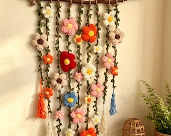 Handmade Crochet Floral Macrame Wall Hanging, Boho Tapestry, Housewarming Wall Decor Gift