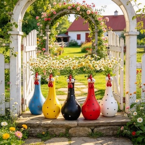 May include: Five ceramic vases shaped like chickens, each featuring a unique solid colour—blue, yellow, black, red, and white—with black polka dots. Each vase has a sculpted chicken head with a red comb and wattle, filled with white daisies.