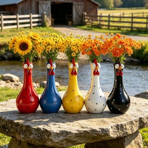 Funny long-necked rooster flower pot, big-eyed rooster vase, farmhouse kitchen table decoration, unique home decorative items, Garden gift