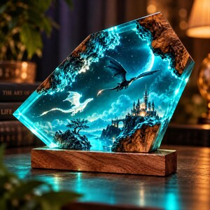 May include: A rectangular resin lamp featuring a glowing blue night scene with two dragons flying over a castle and rocky landscape. The piece is set into a solid wooden base, illuminating the intricate details of the sky and the architecture.