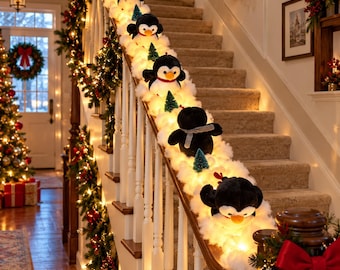 Playful Penguin Stair Railing Decor, Snowy Christmas Ornament, Winter Home Gift