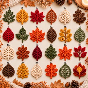 May include: A collection of twenty-four crocheted leaf appliques arranged in a grid, featuring various shapes and autumn-inspired colors including red, orange, yellow, brown, green, and cream, each numbered from one to twenty-four for identification.