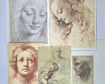 Dibujos antiguos de maestros antiguos, reproducciones facsímiles de Alinari, Da Vinci y Miguel Ángel (5 piezas)