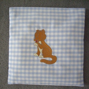 Children's baby spelt pillow-in Vichy light blue large plaid embroidered with a cute tiger in brown that licks the paw image 3