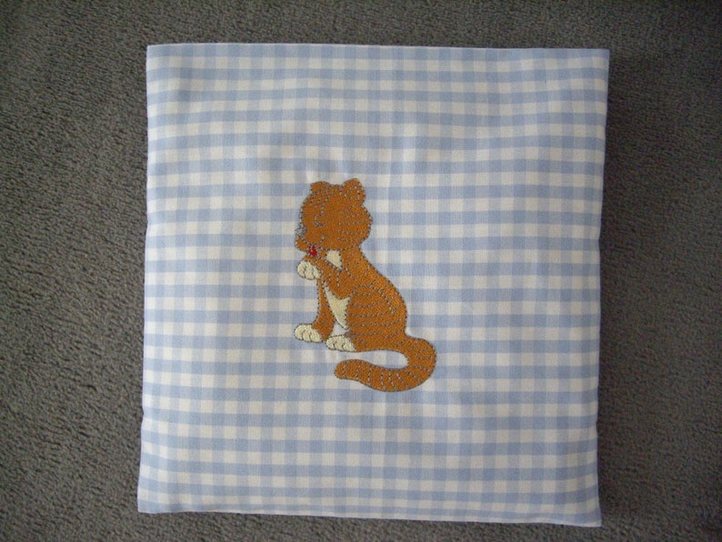 Children's baby spelt pillow-in Vichy light blue large plaid embroidered with a cute tiger in brown that licks the paw image 3