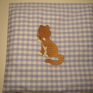 Children's baby spelt pillow-in Vichy light blue large plaid embroidered with a cute tiger in brown that licks the paw image 2