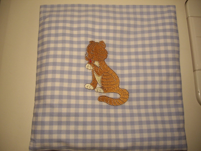 Children's baby spelt pillow-in Vichy light blue large plaid embroidered with a cute tiger in brown that licks the paw image 2