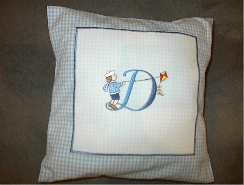 Cuddly pillow baby pillow children's pillow personalized Vichy light blue embroidered with D and dragon boys image 1