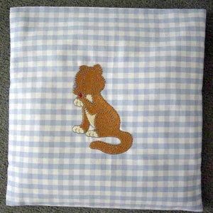 Children's baby spelt pillow-in Vichy light blue large plaid embroidered with a cute tiger in brown that licks the paw image 1