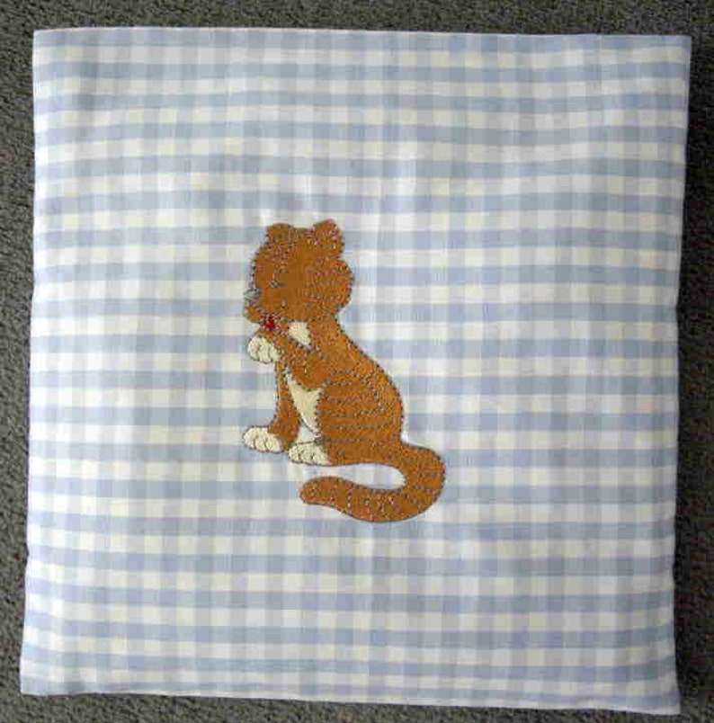 Children's baby spelt pillow-in Vichy light blue large plaid embroidered with a cute tiger in brown that licks the paw image 1