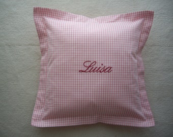 Children's baby name pillow embroidered with Luisa in old pink on Vichy pink small checked with standing seam Luisa