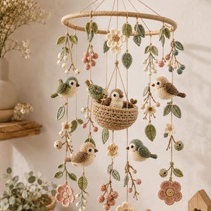 May include: A hanging mobile featuring crocheted elements suspended from a circular frame. The design includes several small birds, a central nest with a bird, various green leaves, small pink and white flowers, and clusters of berries in soft tones.