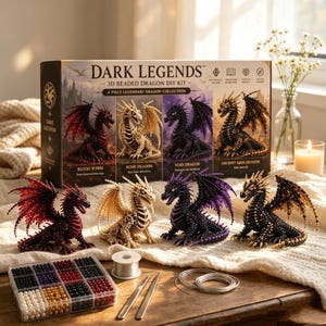 May include: A Dark Legends 3D beaded dragon DIY kit featuring four dragon models: a red Blood Wyrm, a cream Bone Dragon, a purple Void Dragon, and a gold Ancient King Dragon. Includes a bead organiser, wire, and tools for assembly.