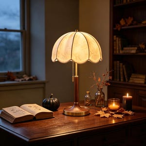 May include: A table lamp with a scalloped, off-white fabric shade featuring a subtle floral pattern, a dark wood stem, and a brass base. The lamp includes a pull chain switch and emits a warm, soft glow, illuminating the surrounding area.