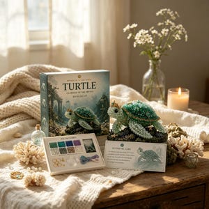 Op de afbeelding: Een DIY-kralenset voor een schildpadfiguur genaamd Turtle Guardian of the Depths. De set bevat een doos met een afbeelding van een schildpad van kralen, een bakje met diverse gekleurde kralen, draad en een kaart met de mythische achtergrond.