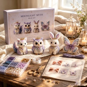 Peut inclure: Un kit de perles Moonlight Myth comprenant une boîte illustrée d'un renard, d'un hibou, d'un lapin et d'un papillon. Le set inclut des figurines perlées finies, un organisateur en plastique avec des perles, du fil, des ciseaux et un guide d'instructions.