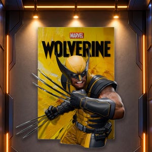 Peut inclure: Une impression murale rectangulaire représentant le personnage Marvel Wolverine dans un costume jaune et noir avec des griffes en métal étendues. Le fond est une surface jaune texturée avec le mot WOLVERINE en lettres noires grasses.