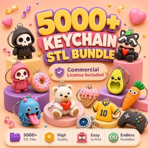Könnte beinhalten: Eine digitale Sammlung von über 5000 Schlüsselanhänger-STL-Dateien mit verschiedenen 3D-Charakterdesigns, darunter Totenköpfe, ein Bär, ein Monster, ein Donut, eine Avocado, eine Karotte, ein Trikot und ein Gamecontroller, inklusive kommerzieller Lizenz.