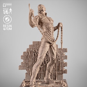 May include: A monochromatic 1/6 scale resin figurine of a humanoid creature with exposed teeth, wearing a textured suit and holding a long chain. The figure stands before a brick wall backdrop with dripping details and text, all in a light brown finish.