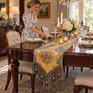 May include: A rectangular table runner featuring a gold and blue damask pattern with intricate scrollwork. The runner is finished with long, layered fringe trim in blue and gold, accented by small hanging tassels along the pointed edges.