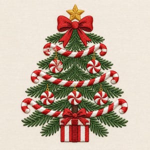 May include: An embroidery design of a green pine Christmas tree decorated with red and white striped candy cane garlands, round peppermint ornaments, a large red bow at the top, and a red and white striped gift box at the base with a gold star.