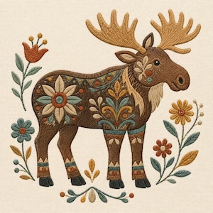 Folk Moose Embroidery Design, Floral Moose Machine Embroidery File, Scandinavian Woodland Animal, Rustic Boho Folk Art Digital Download
