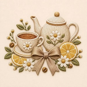 Puede incluir: Un diseño de bordado que presenta una tetera y una taza de té beige con motivos de margaritas blancas, un lazo de tela beige central, dos rodajas de limón amarillo, hojas verdes y pequeños capullos de flores sobre un fondo crema.