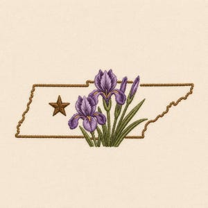 Pode incluir: Um design de bordado apresentando o contorno do estado do Tennessee em linha castanha. Dentro do contorno, há uma estrela castanha e um grupo de flores de íris roxas com caules e folhas verdes, sobre um tecido de cor creme sólido.