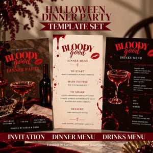 May include: A Halloween dinner party template set featuring an invitation, dinner menu, and drinks menu. The designs use a dark color palette with red accents, blood splatter graphics, and the text Bloody Good, showcasing cocktail illustrations.