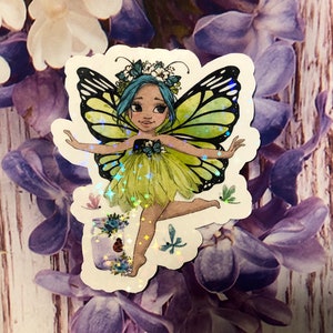 Fairy holographic vinyl sticker. Fantasy fairytale art, waterproof, Fairy Butterfly sticker