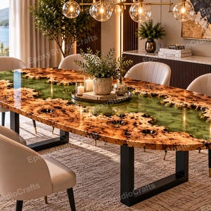 May include: An oval dining table featuring a live edge wood slab with a central river of translucent green epoxy resin. The table is supported by a black metal frame and is surrounded by six upholstered chairs with light beige fabric.