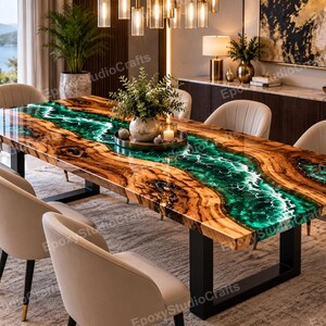 Mesa de resina epoxi Green Ocean, mesa de comedor rectangular de madera con borde natural, pieza de lujo hecha a mano para interiores modernos.