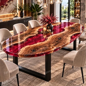 Op de afbeelding: Een ovale eettafel met een natuurlijk houten blad met een opvallende boomstamrand en een glanzende, dieprode epoxyhars rivier in het midden. De tafel wordt ondersteund door een zwart metalen frame en omringd door zes beige gestoffeerde stoelen.