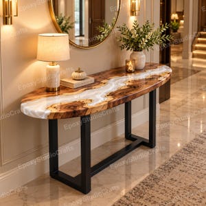 Natural Wood Console Table, White Epoxy Resin Table, Live Edge Hallway Furniture, Custom Entryway Table Decor