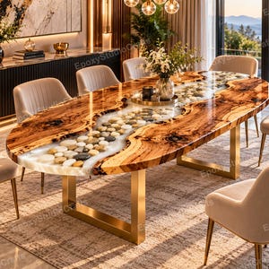 Op de afbeelding: Een ovale eettafel met twee houten bladen met natuurlijke randen en een centraal riviergedeelte gevuld met gladde, veelkleurige rivierstenen ingebed in heldere hars. De tafel wordt ondersteund door twee U-vormige poten van geborsteld goudmetaal.