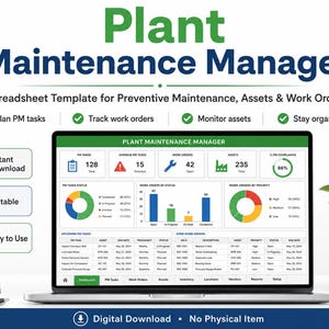Może przedstawiać: Cyfrowy szablon arkusza kalkulacyjnego o nazwie Plant Maintenance Manager wyświetlony na ekranie laptopa. Pulpit nawigacyjny zawiera wizualizacje danych, w tym wykresy kołowe, wykresy słupkowe oraz wskaźniki zadań i zasobów.