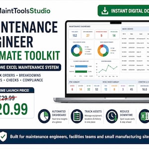 May include: A laptop screen displaying the MaintToolsStudio Maintenance Engineer Ultimate Toolkit, an Excel-based dashboard with charts, work order tables, and maintenance metrics. The interface includes sections for assets, downtime, and cost tracking.