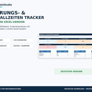 Könnte beinhalten: Ein digitales Excel-Tool zur Erfassung von Störungen und Ausfallzeiten von MaintToolsStudio. Die Benutzeroberfläche zeigt ein Dashboard mit Kennzahlen für 300 Störungen, Ursachenanalysen und Kosten. Es ist als deutsche Version gekennzeichnet.