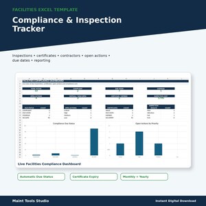 May include: A digital Excel template for a Facilities Compliance and Inspection Tracker. The dashboard displays data tables and bar charts for inspections, certificates, contractors, open actions, due dates, and reporting in a clean, organized layout.