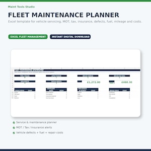 Könnte beinhalten: Eine Excel-Vorlage für einen Fuhrparkwartungsplaner von Maint Tools Studio. Das Dashboard zeigt Fahrzeugstatus, Compliance-Warnungen, offene Mängel und Servicekosten in Pfund an. Enthält Funktionen für TÜV, Steuer, Versicherung, Kraftstoff und Kilometerstand.