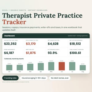 May include: A digital Therapist Private Practice Tracker spreadsheet for Excel and Google Sheets. The dashboard displays financial metrics including collected amounts, insurance payments, taxes, and a monthly bar chart showing income trends.