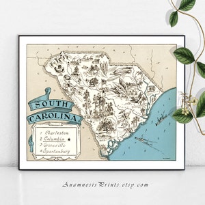 SOUTH CAROLINA MAP - fun 1930&#39;s vintage picture map to frame - perfect housewarming or wedding gift - size & color choices - personalize it