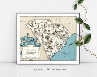 SOUTH CAROLINA MAP - fun 1930's vintage picture map to frame - perfect housewarming or wedding gift - size & color choices - personalize it