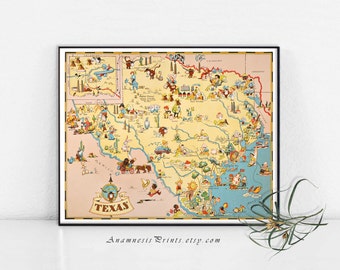 TEXAS MAP PRINT - vintage picture map - whimsical gift idea for many occasions - beach house art - framable map print home decor wall art