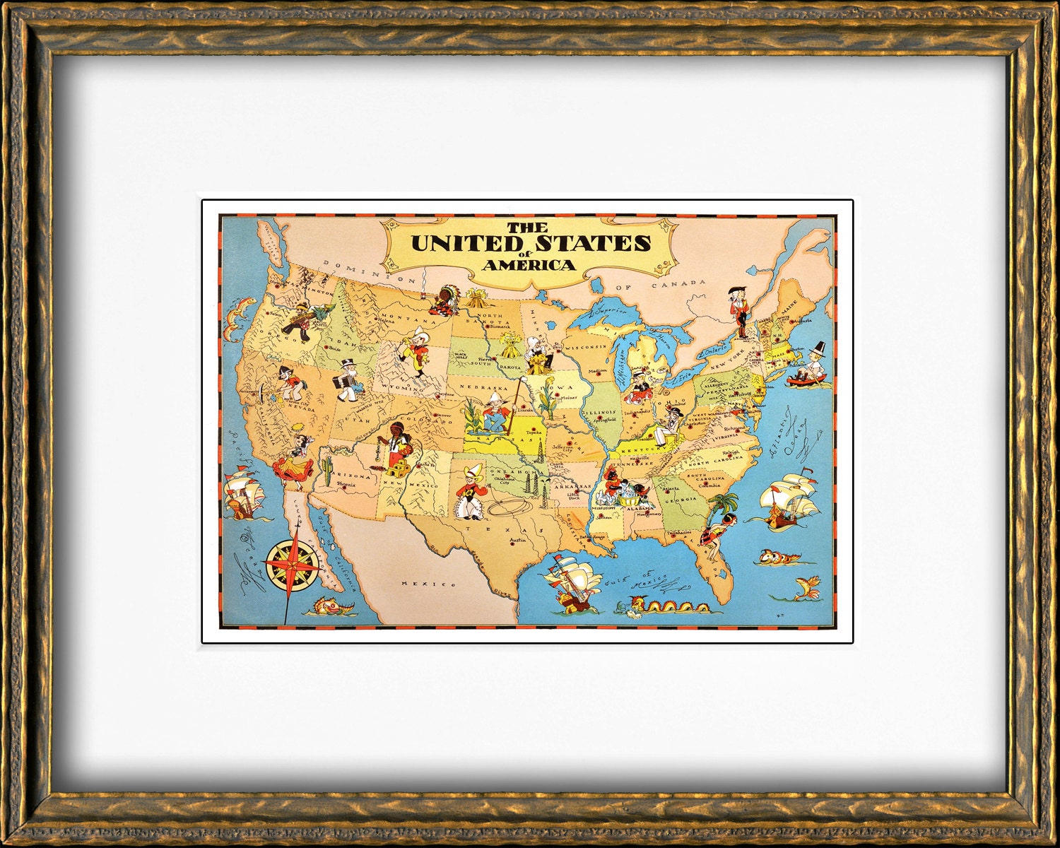 united states map print vintage usa picture map to frame etsy